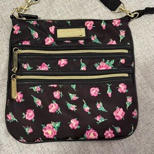 Betsey Johnson Zipper Black and Hot Pink Rose Crossbody Bag